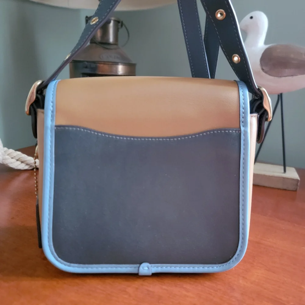 Coach 89126 Rambler 16 Colorblock Tan Blue Pink Leather Crossbody Bag